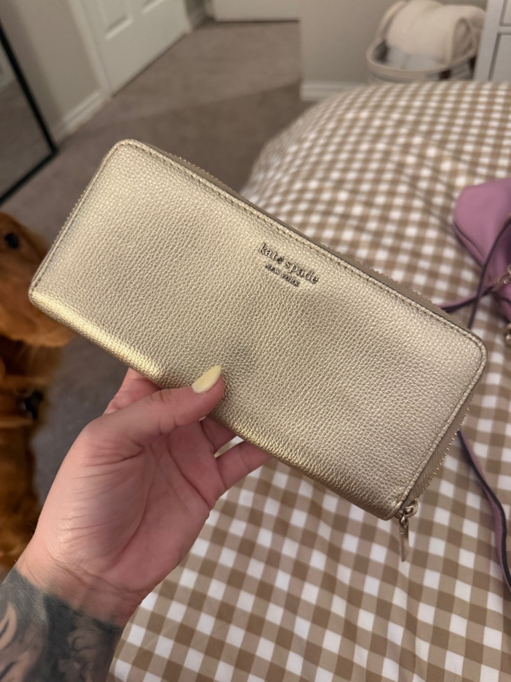 kate spade gold textured zip-around wallet